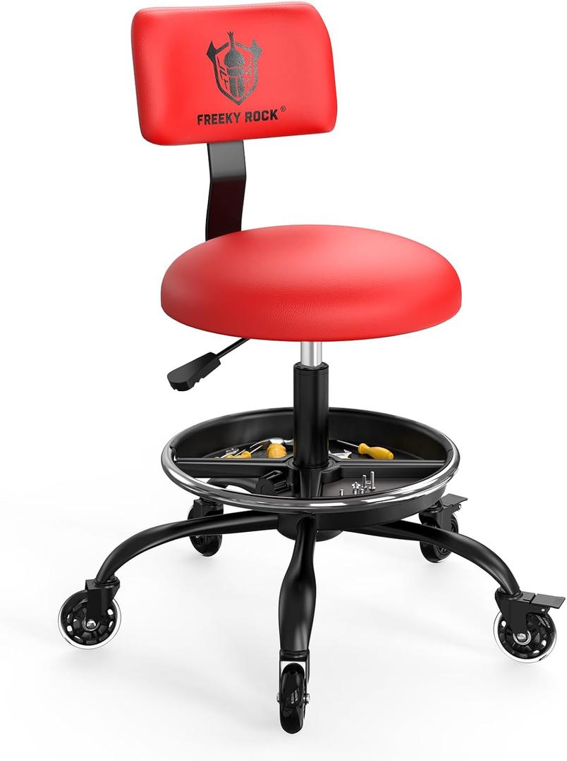 Rolling Shop Stool with Wheels, Garage Mechanic Stool Chair with Backrest, Height Adjustable Heavy Duty Swivel Task Chair, Adjustable Footrest with Storage Tray for Garage Kitchen Salon Tattoo (Red)