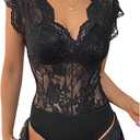 MakeMeChic Women's Lace Bodysuit Date Night Romper Deep V Neck Lace Tops Bodysuit XL
