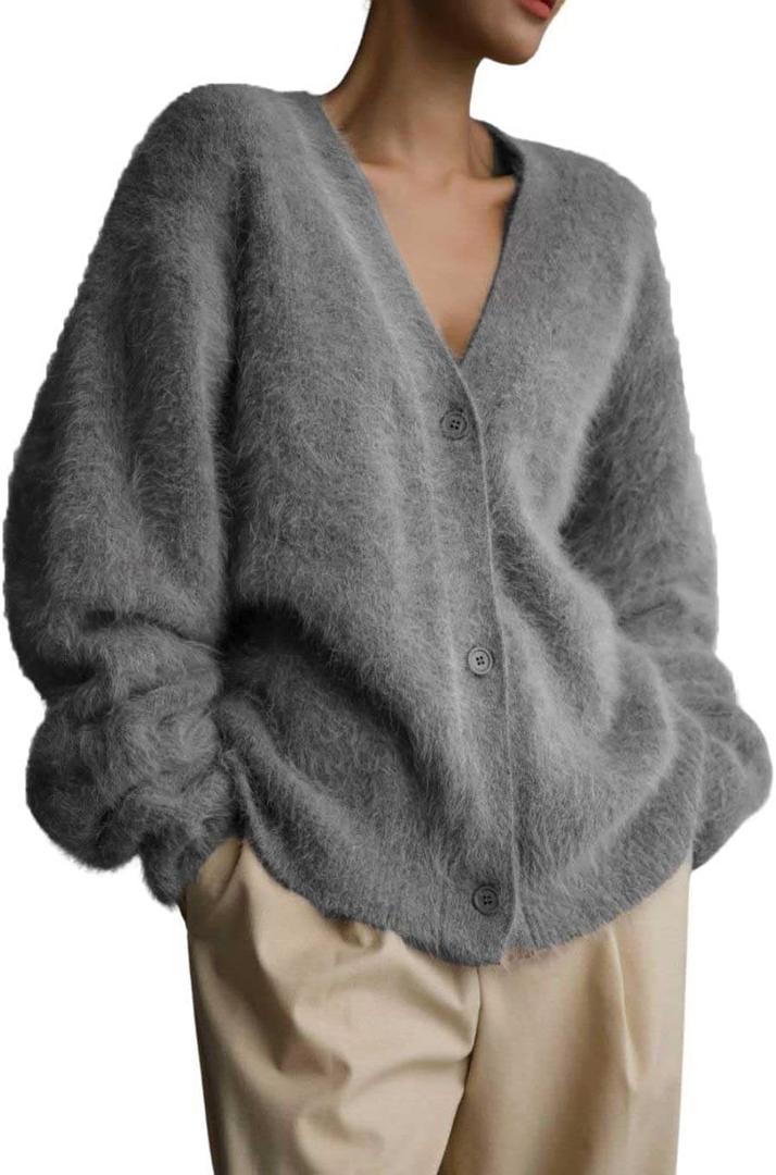 chouyatou Women Furry Open Front Cardigan V-Neck Loose Casual Fluffy Knit Button Down Sweater Coat (Large, Dark Grey)