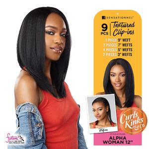 Sensationnel Curls Kinksandco Clip In - Alpha Woman 12 Inch 9 Piece Pack Easy to Use Clips for Natural 3C to 4C Hair (1B OFFBLACK)