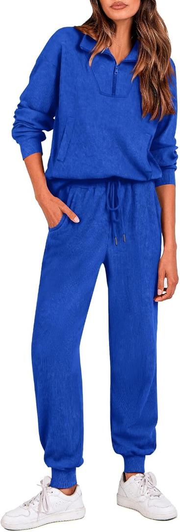 BTFBM Women's 2 Piece Tracksuit Fall Outfits 2025 Long Sleeve Half Zip Sweatshirt Sweatpants Lounge Set Sweatsuits (Medium, Solid Royal Blue)