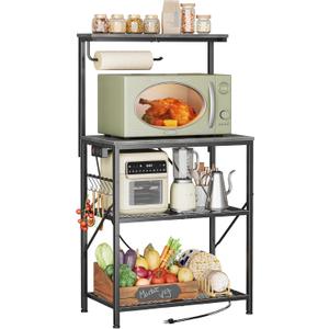 Huuger 4-Tier Bakers Rack with Reversible Power Outlet, 23.6 Inch Microwave Stand, Kitchen Coffee Bar, with Top Shelf, 6 S Hooks, Grey (Charcoal Gray)