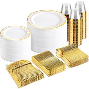 bUCLA 600Pcs White and Gold Plastic Plates - Gold Disposable Dinnerware Set for 100 Guests Include 100 Dinner & 100 Dessert Plates, 100 Cups, 100 Forks, 100 Spoons, 100 Knives for Party