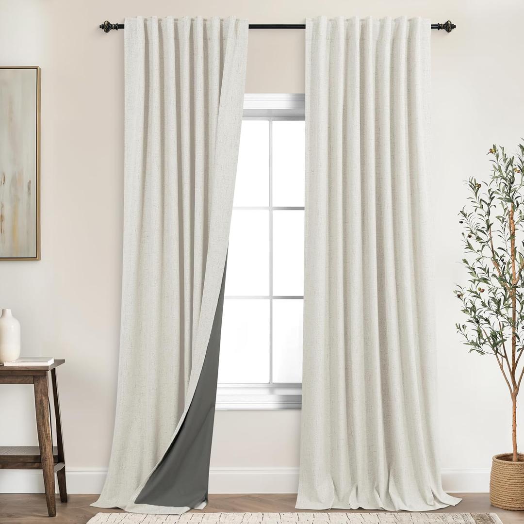 KOUFALL 100 Inch Curtains Long,Blackout 100% Percent Back Tab Room Darkening Cotton Linen Look Curtains for Bedroom Living Room 2 Panels Set,52 in Wide,Cream Ivory
