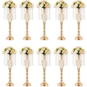 Gold Vases Centerpieces for Wedding: 21.7" Tall Flower Stand with Crystal Patent for Table Center Piece Party Event Set of 10
