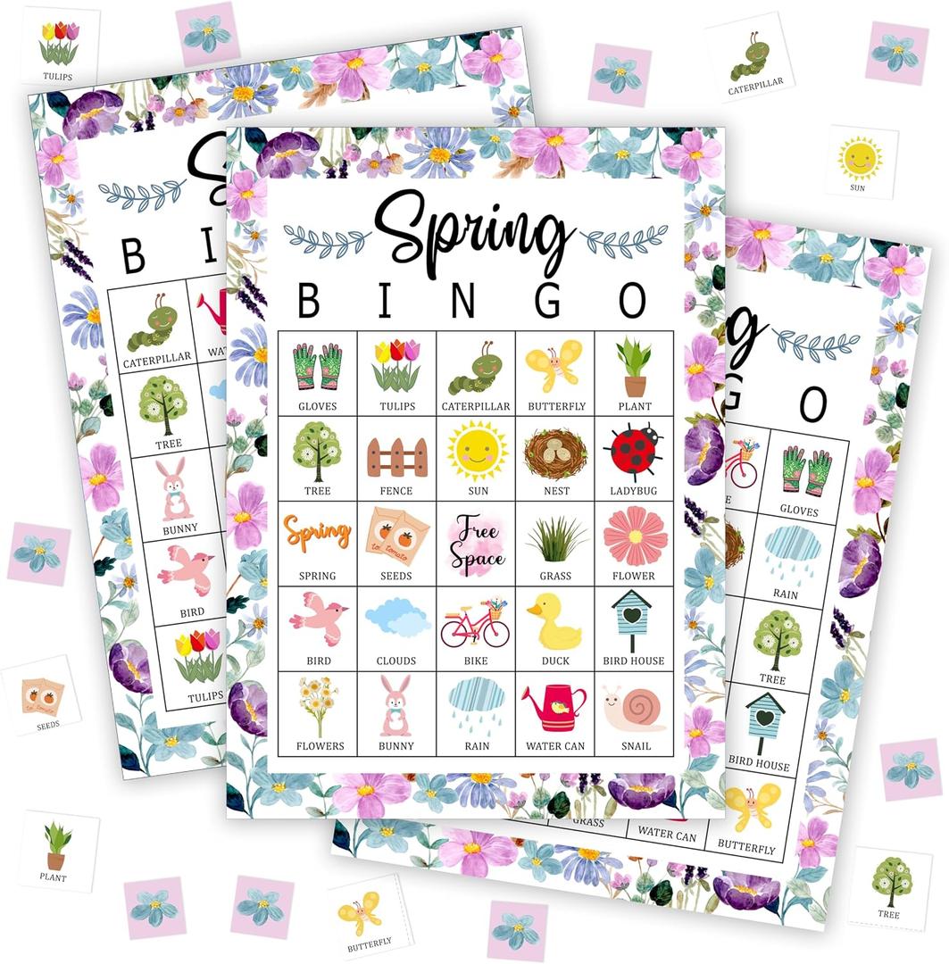 Spring Bingo Games For Adults, Spring Wildflowers Birthday Bingo Game Set, Field Floral Bingo Cards, Hike Camping Bingo Favors For Family Friends, Spring Themed Tea Party Games Decor & Supplies -21