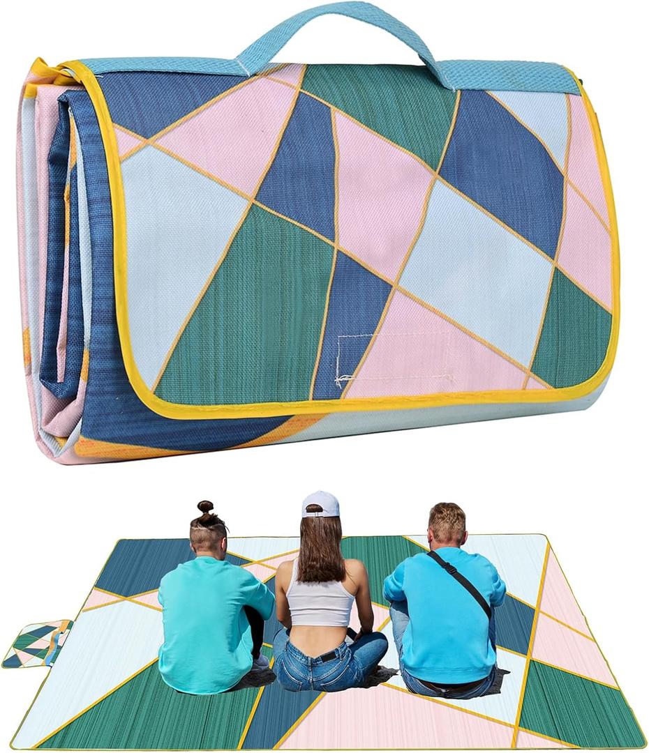 Picnic Blanket, Foldable Waterproof Sand Mat, Extra Large Picnic Blanket Outdoor Picnic Mat Beach Blanket for Park Grass Camping Hiking Travel Family Concerts (6'7" x 4'11" (Rectangular), Euclidean Geometry)