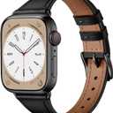 XCCYBTT Slim Leather Bands Compatible with Apple Watch Band 46mm/49mm/45mm/44mm/42mm, Genuine Leather Strap for iWatch Series 11/10/9/8/7/6/5/4/3/2/1 SE 3/2/1 Ultra 3 2 1 Women, Black/Black