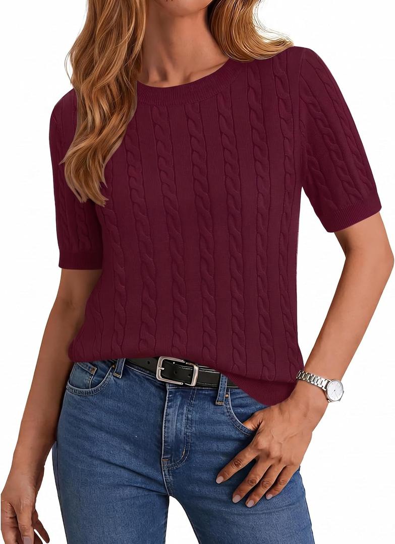 Zeagoo Cable Short Sleeve Sweaters for Women Summer Spring Cute Tops 2026 Trendy Business Causal Outfits Work Blouses Clothes (Red, L)