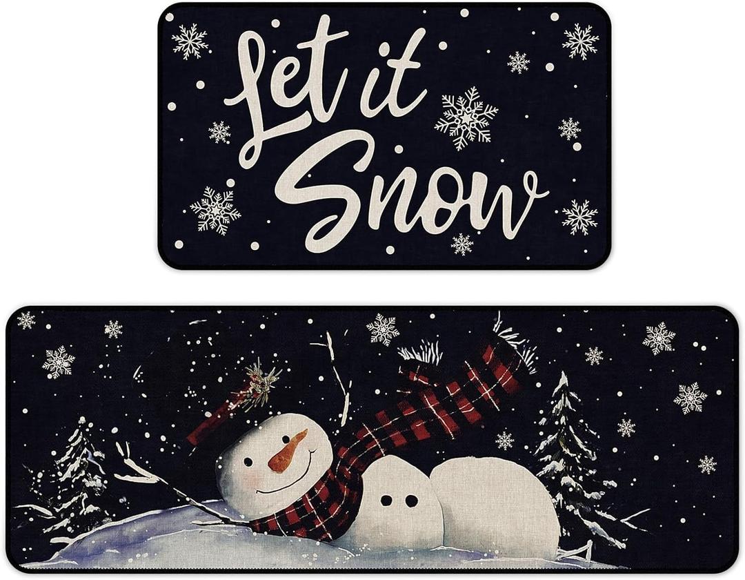 Christmas Kitchen Rugs Set of 2,Non-Slip Backing Snowman Christmas Kitchen Mats for Floor,Low-Profile Winter Xmas Holiday Decorations Christmas Doormat - 17x29 and 17x47 Inch