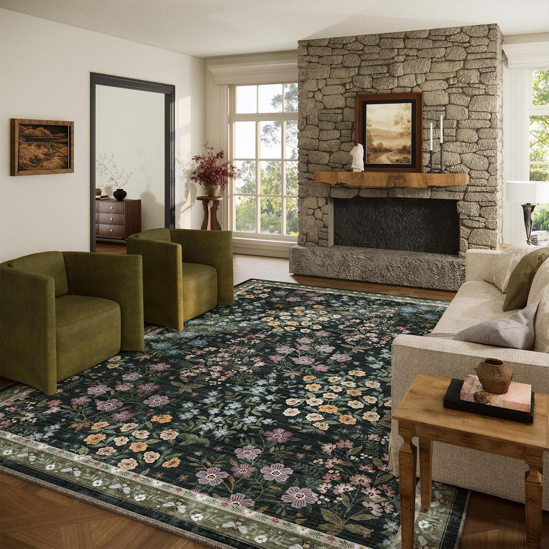 Area Rugs 9x12 Living Room: Washable Rugs for Bedroom Vintage Stain Resistant Non Slip Low Pile Soft Large Carpet for Kitchen Dining Room Farmhouse Kids Room Nursery Playroom