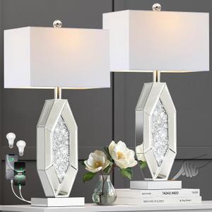Hamucd 3-Way Dimmable Touch Diamond Crushed Mirrored Bedside Table Lamps Set of 2 for Living Room with USB A+C Ports,Tall Silver Modern Bling Nightstands Lamps for Bedroom with 2 Bulbs (Chrome)