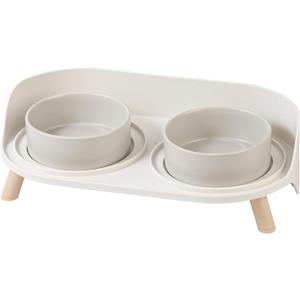 Elevated Ceramic Cat Bowl Set - Raised Double Dishes for Food & Water - Non-Slip Stand & Splash Proof - for Cats & Puppies - 2 x 480 ML - 16.23 OZ (Puppy/Small Dogs & Cat Bowls, Grey)