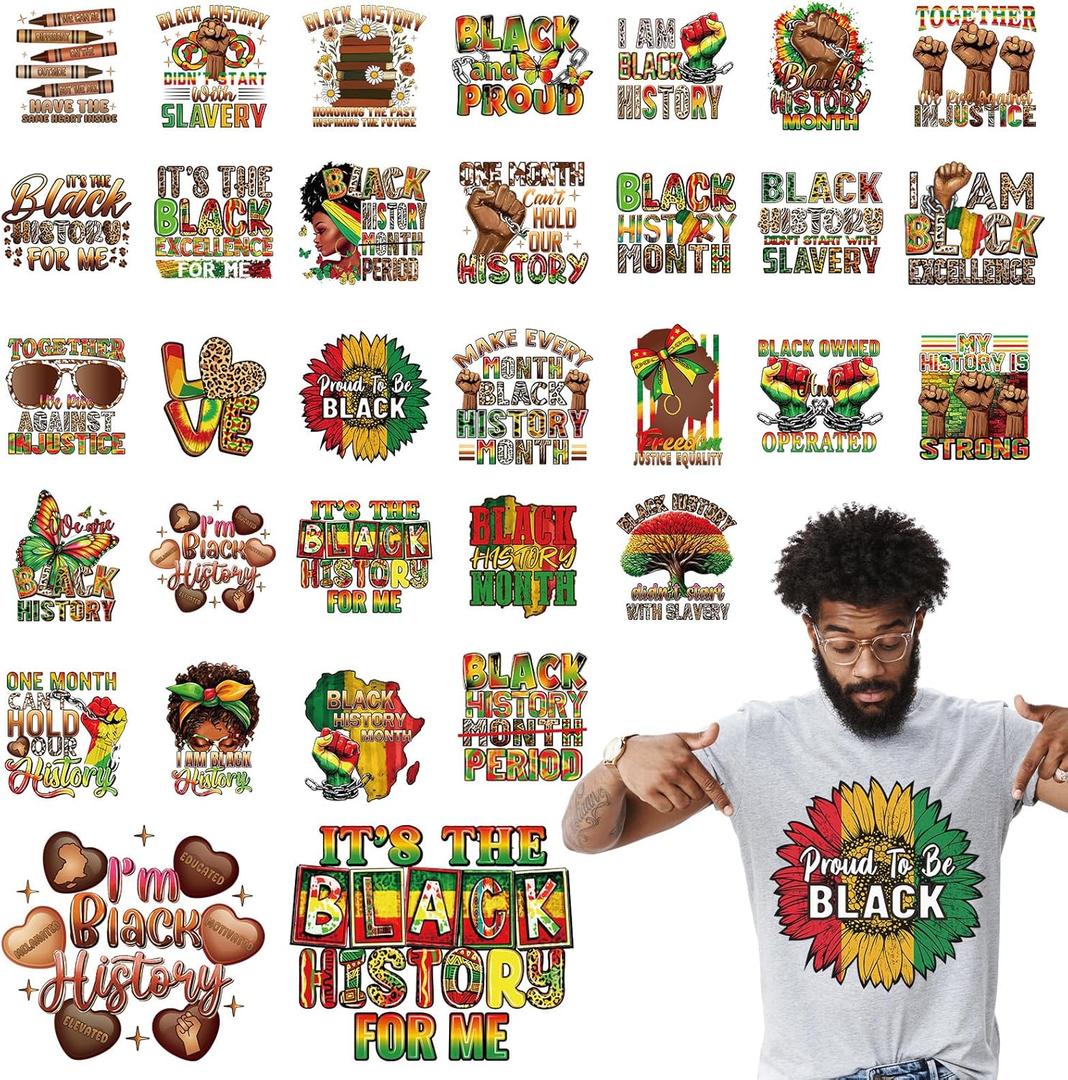 Lyrow 30 Pcs Black History Month Iron on Transfer for Shirt Leopard Decal Stickers Black and Proud Leopard Print Heat Transfer Sticker for Clothing Jeans Backpacks Pillow DIY Decoration