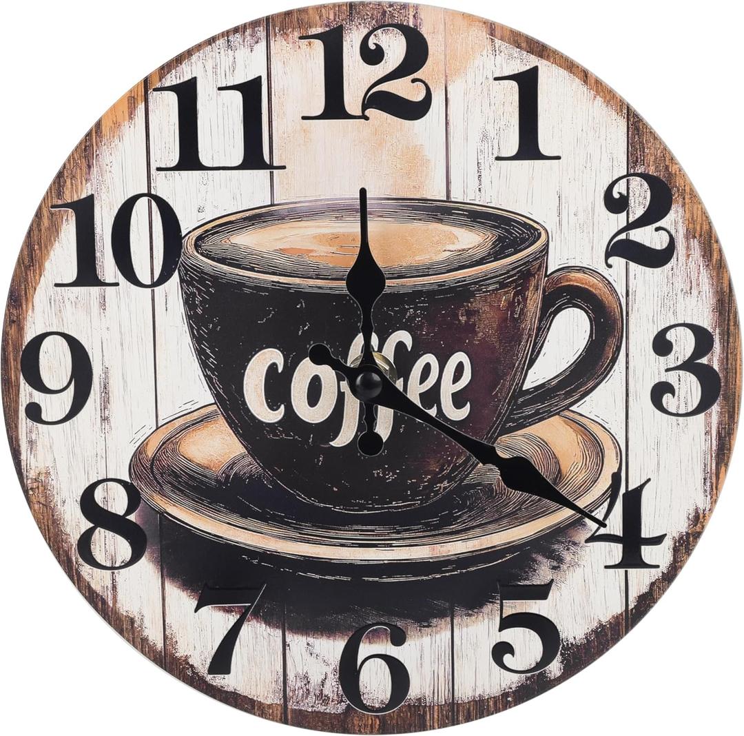 Kitchen Wall Clock,Vintage Glass Coffee Sign Decor Wall Clocks Battery Operated-8 Inch