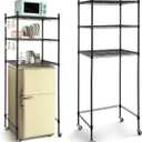 Tioncy 3 Tier Mini Fridge Shelf Microwave Stand Adjustable Fridge Storage Rack with Lockable Wheels and 8 Hook Multilayer Metal Shelving Organizer for Dorm Apartment Kitchen Office Bathroom(Black)