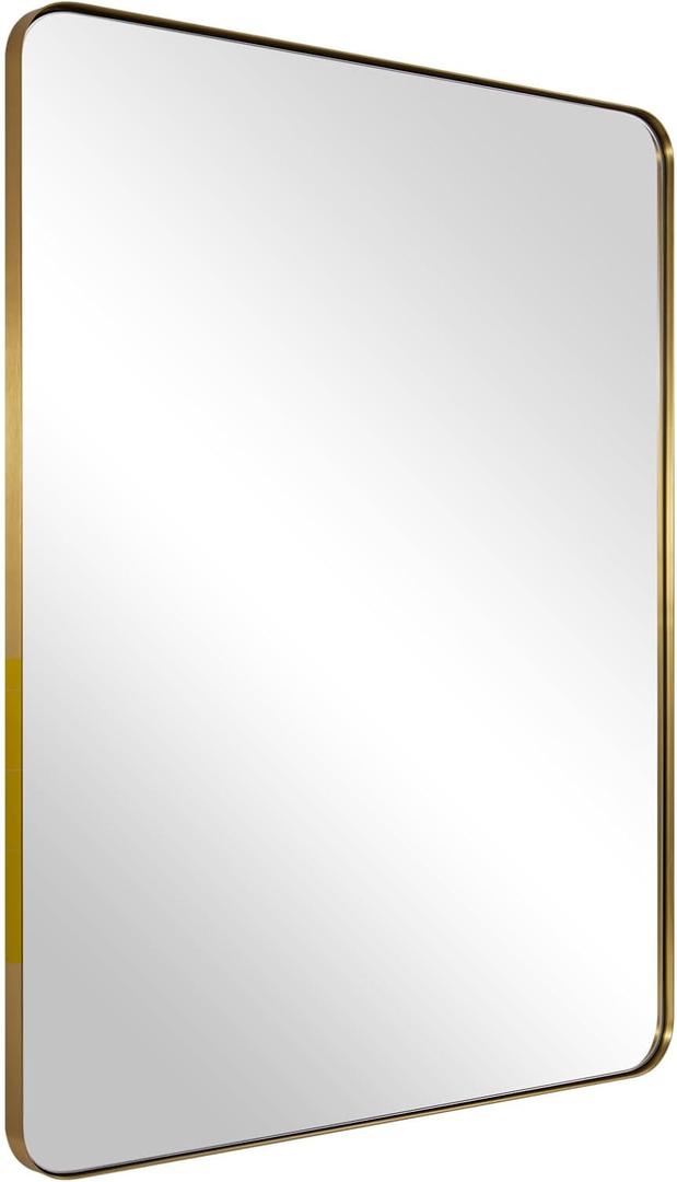 ANDY STAR Gold Bathroom Mirror for Wall, 20x28 Brushed Brass Metal Rounded Corner Rectangle Mirror, Wall Mirror in Stainless Steel Metal Frame, 1" Deep Set Design Hangs Horizontal Or Vertical