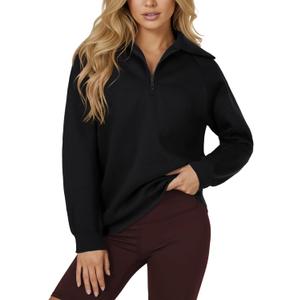 Rooscier Women's Sweatshirt Quarter Zip Fleece Long Sleeve Pullover Fall Hoodies Top (Large, Black)