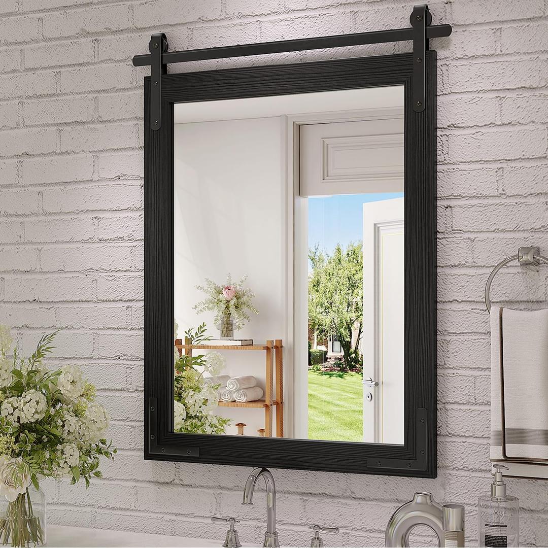 Farmhouse Bathroom Mirror, 18x26 Inch Black Wood Framed Rustic Vanity Mirrors for Wall, Rectangular Wall Decor Mirrors for Bedroom Living Room Entryway