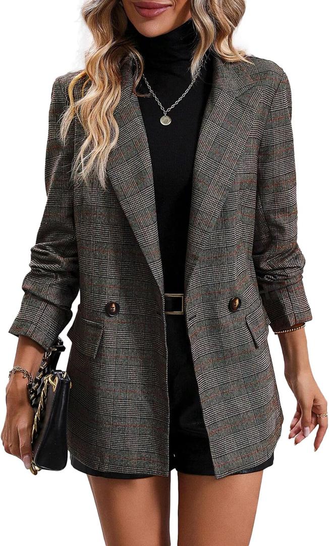 Mina Self Women's 2026 Spring Plaid Houndstooth Blazer Jacket - Fully Lined Button Lapel Casual Work Office Suit with Pockets (Large)