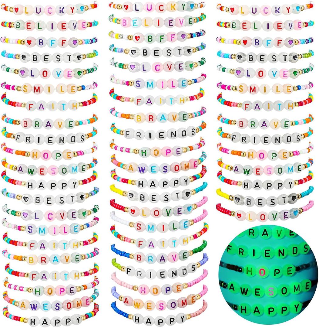 Ecation 96 Pcs Beaded Friendship Bracelets Bulk Colorful Glow in the Dark Inspired Letter Bracelets Y2k Stretchy Preppy Adjustable Jewelry for Music Lovers Fans Women Party Favor Gifts