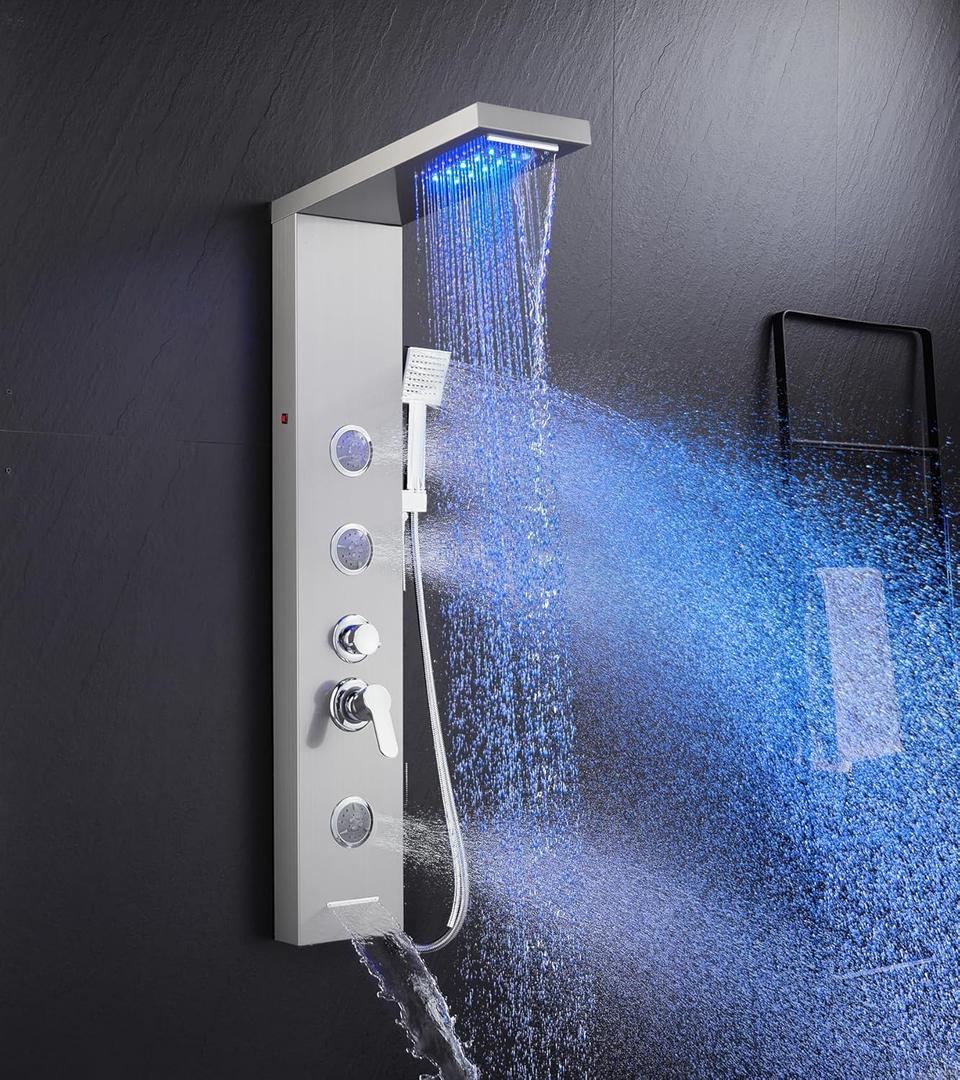 5 in 1 Shower Panel Tower System with LED Lights, Rainfall and Waterfall Shower Head, 3 Pcs Adjustable Body Jets, Handheld Shower, Tub Spout (Brushed Nickel)