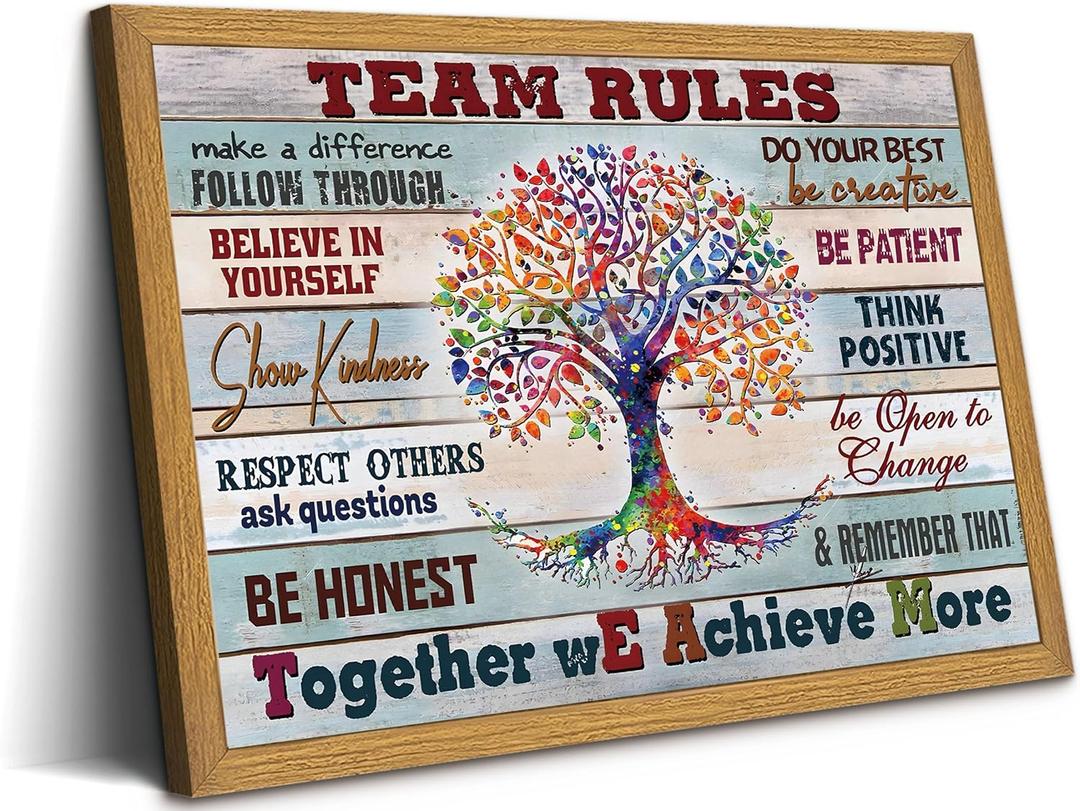 Framed Team Rules Canvas Wall Art Inspirational Positive Teamwork Wall Decor Picture Tree of Life Motivational Quote Sign Posters Painting Print for Office Classroom Home Decoration