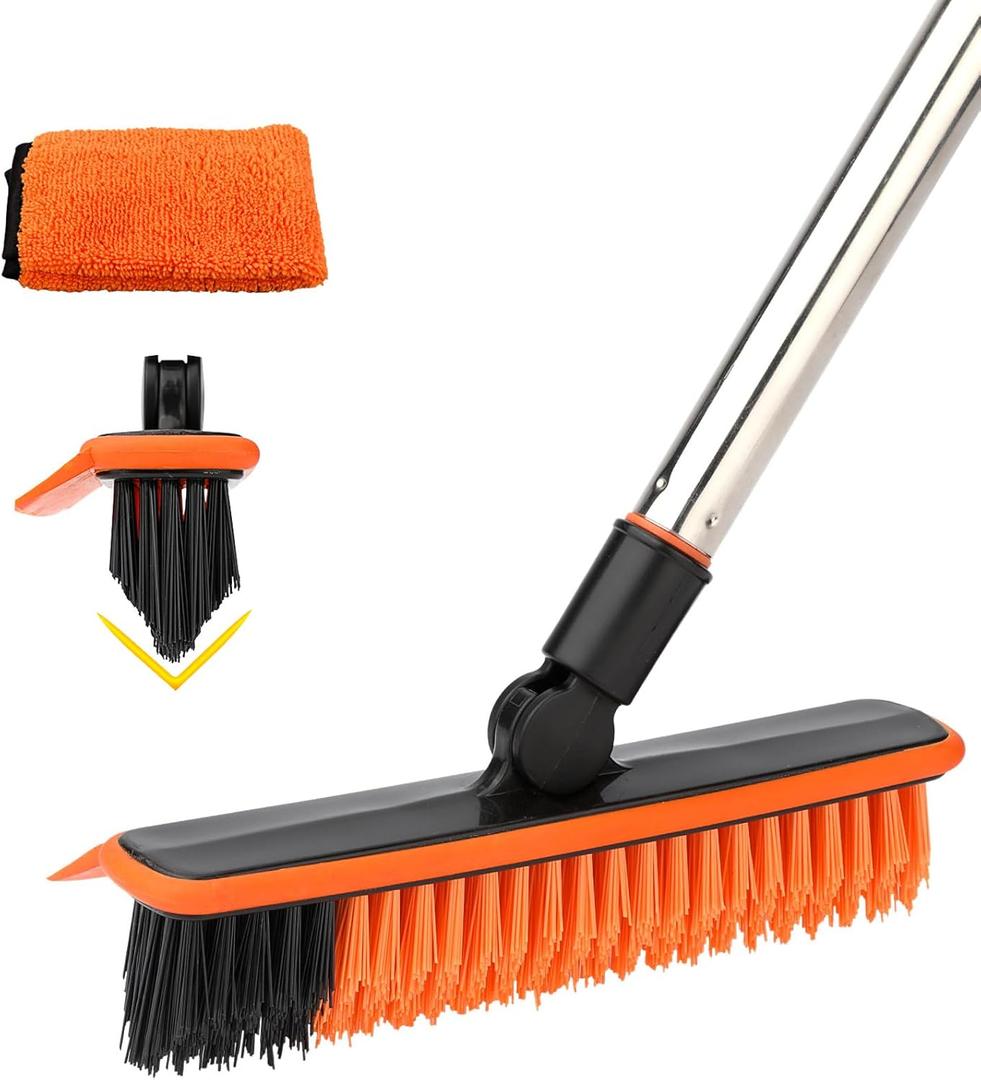 2 in 1 Floor Scrub Brush Grout Brush with 57.8" Long Handle,120Rotatable Shower Tile Grout Cleaner Scrubber,V-Shaped Corner Brush for Hard to Reach Areas (Orange)