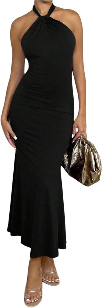 SOLY HUX Women's Bodycon Maxi Dress Halter Neck Sleeveless Backless Twist Party Club Going Out Long Dresses (Large)