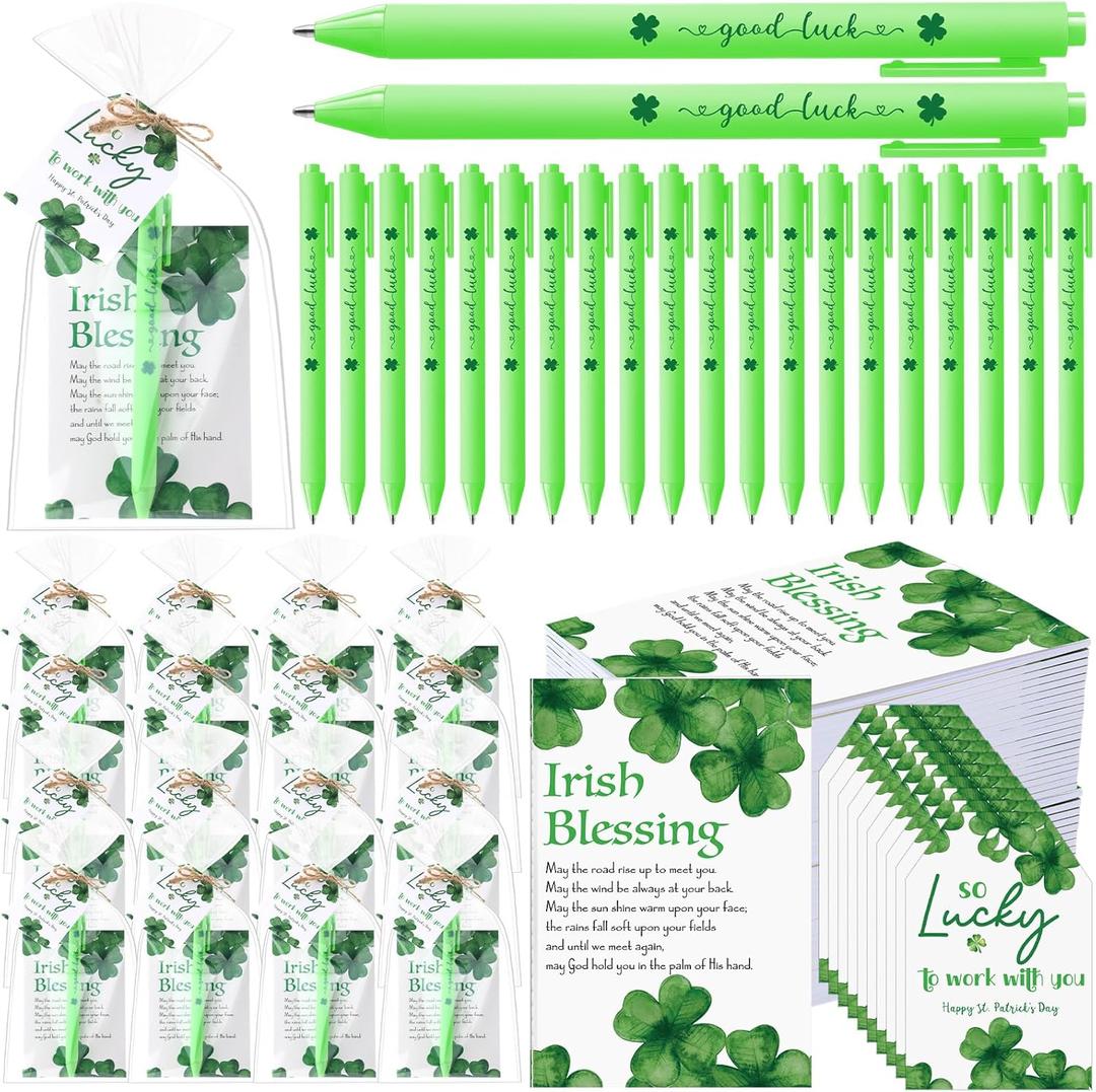 Fullhawl 50 Sets St Patricks Day Gifts for Coworkers Shamrock Ballpoint Pens with Irish Blessing Notebook Thank You Tags Irish Party Favors School Gifts for Staff Teacher Coworker