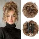 Rich Choices Claw Clip Messy Bun Hair Piece 100% Real Human Hair,Curly Wavy Thick Chignon Hair Extensions,Tousled Updo Hair Buns for Women 42g #4P27 Medium Brown Mix Dark Blonde