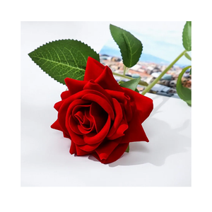 Velvet Artificial Flowers Rose, Single Rose Real Touch Fake Silk 3.15” Flower Head with Long Stem for Women Wedding Mother Valentine Gift Home Decor Anniversary(Red)