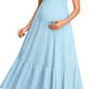 Pinup Fashion Maternity Photoshoot Dress - Baby Shower Pregnancy Summer Casual Textured Smocked Maxi Dresses (Blue) L