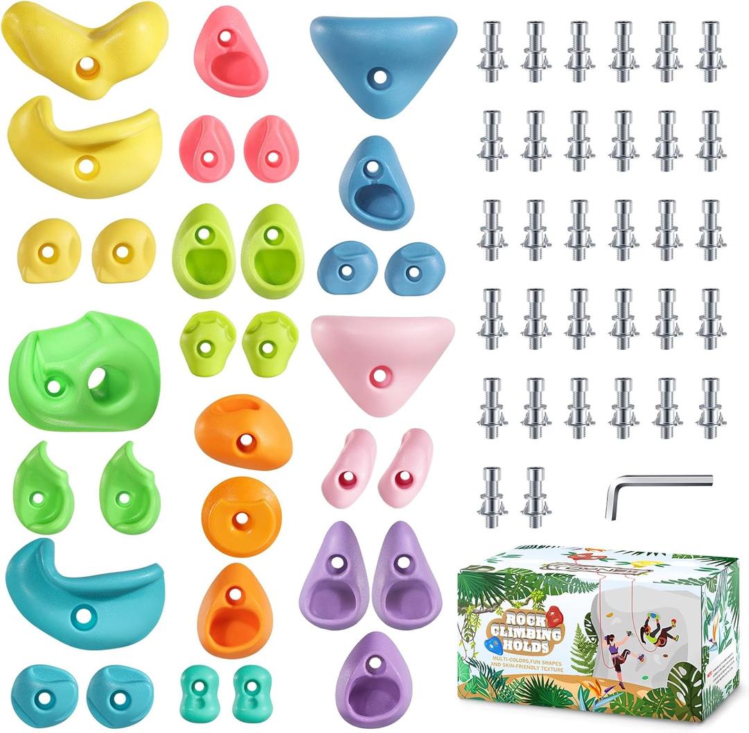 TOPNEW 32 Rock Climbing Holds Multi Size for Kids, Adult Rock Wall Holds Climbing Rock Wall Grips for Indoor and Outdoor Playground Play Set