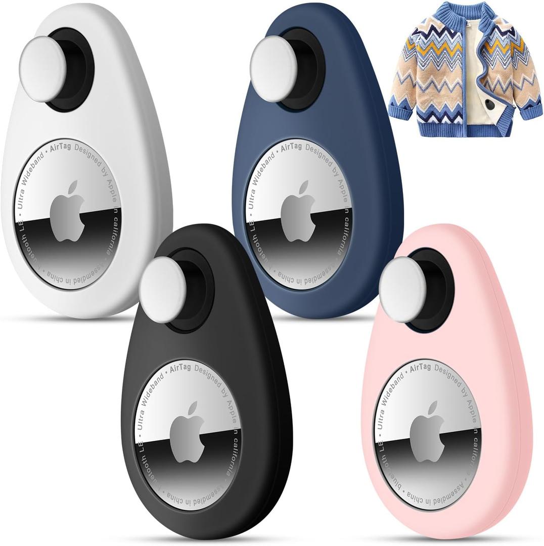 4 Pack Airtag Holder for Kids Hidden,GPS Tracker Case, Anti-Removal Airtag Silicone Case with Pins, Suitable for Children, Elderly, Pets, Backpack, Luggage (White & Black & Navy Blue & Pink, 4 Pack)