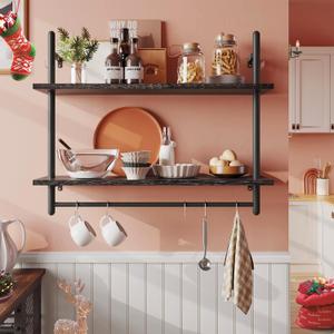 Bestier Pipe Shelf Industrial Floating Shelving 31" Kitchen Wall-Mounted Shelf Towel Bar Hooks Coffee Bar Shelves Wine Hanging Display Rack Bookshelf Living Room Decor Bathroom-Charcoal Black (31.5 Inch)