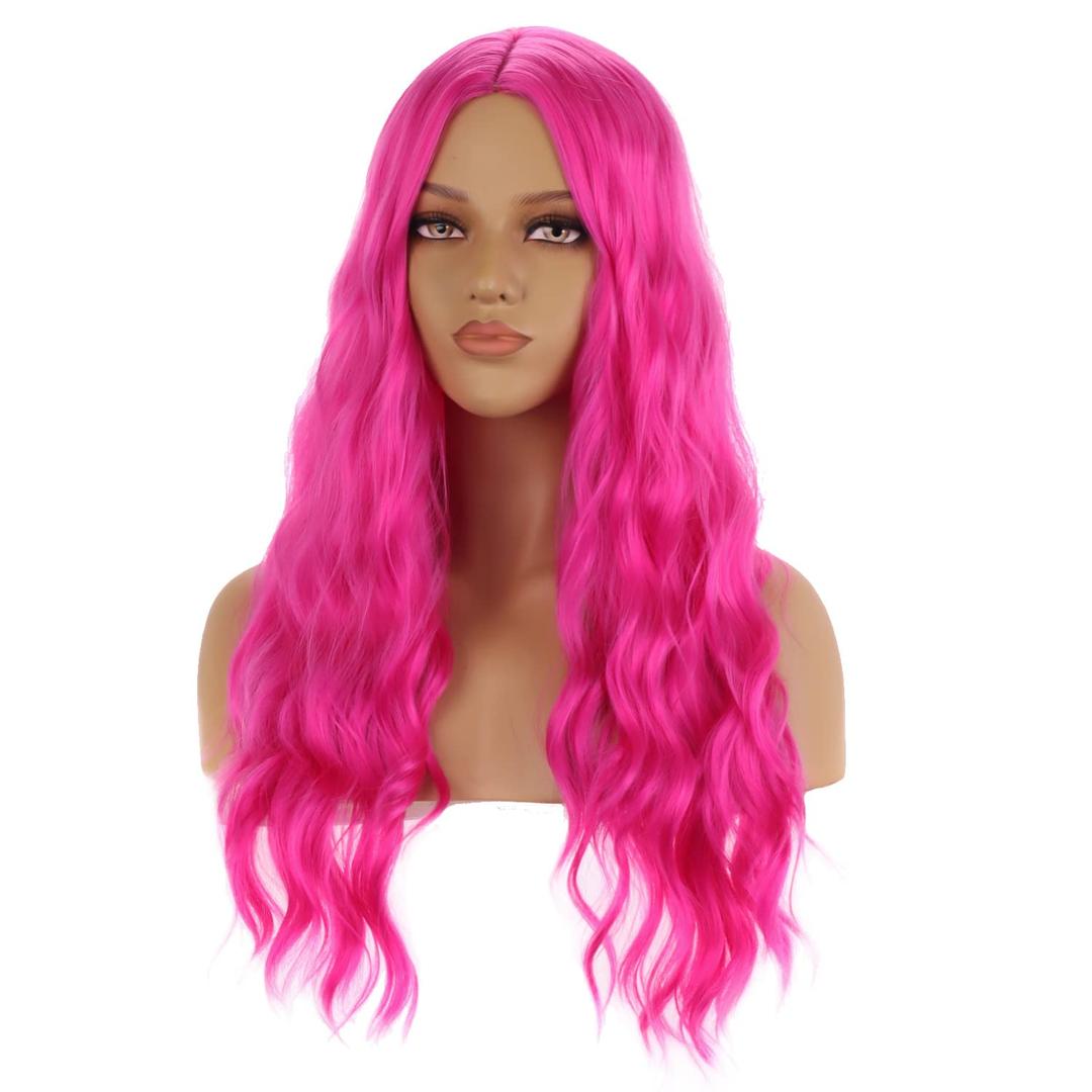 BERON Hot Pink Wig Long Curly Wig Hot Pink Wavy Wigs for Women Daily Party Cosplay with Hairnet