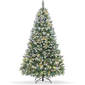 7.5FT Pre-Decorated Holiday Christmas Tree for Home, Office, Party Decoration, Partially Flocked Design, Pine Cones, Metal Hinges & Base - Green/White (Regular Warm, 7.5FT)
