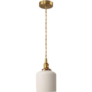 Ceramic Shade Pendant Lighting Fixture Industrial Ceiling Hanging Light with Gold Lamp Holder, Knob Switch and Braided Cord for Kitchen Island, Dining Room (C)