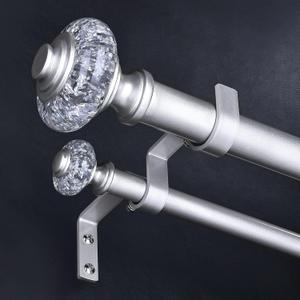Silver Double Curtain Rods for Windows 36 to 72 Inch, 1 Inch Adjustable Decorative Crystal Dual Curtain Rod, Heavy Duty Vintage Double Drapery Pole with Silver Foil Finials for Living Room