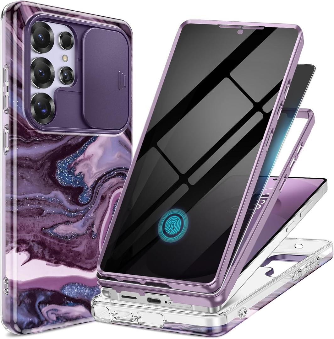 GVIEWIN for Samsung Galaxy S25 Ultra Case, [Slide Camera Cover & Built-in Anti-Spy Privacy Screen Protector] [2 Front Frame] Shockproof Military Grade Marble Phone Case 6.9" (Quicksand/Purple)
