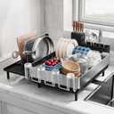 SUNLY Large Dish Drying Rack, Expandable Dish Racks for Kitchen Counter, Space Saving 304 Stainless Steel Drying Rack Kitchen, Extra Large Drainer with Multifunctional Flip Up Pegs, Black