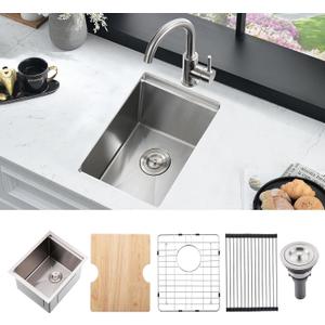 13 Inch Bar Sink Undermount Workstation,13x18 Undermount Bar Sink Small Bar Sinks 18 Gauge Stainless Steel Single Bowl Kitchen Sinks with Cutting Board (Brushed Nickel)