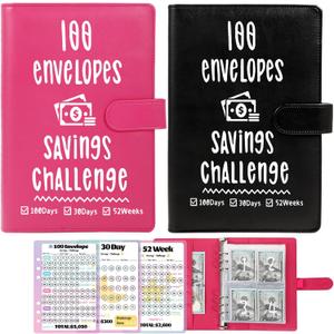 2 Pack 100 Envelopes Money Saving Challenge, Cash Budget Planner A5 Binder, Savings Challenges Book Organizer Folder, with 3 Tracker to Save $5,050 and $2,600, $300, 100 Pre-numbered Pockets, Black & Red