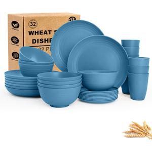 Dinnerware Sets for 8, Wheat Straw Bowls and Plates Set, Microwave and Dishwasher Safe Dish Sets 32 PCS, Unbreakable & Lightweight Camping Plates Cups and Bowls Set for Kitchen - Blue