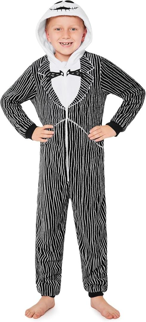 Disney Stitch One‑Piece Pajamas for Girls and Teens, Kids Cozy Hooded Fleece Jumpsuit, Lounge Suit, Black Jack Skellington, 13-14yrs Old