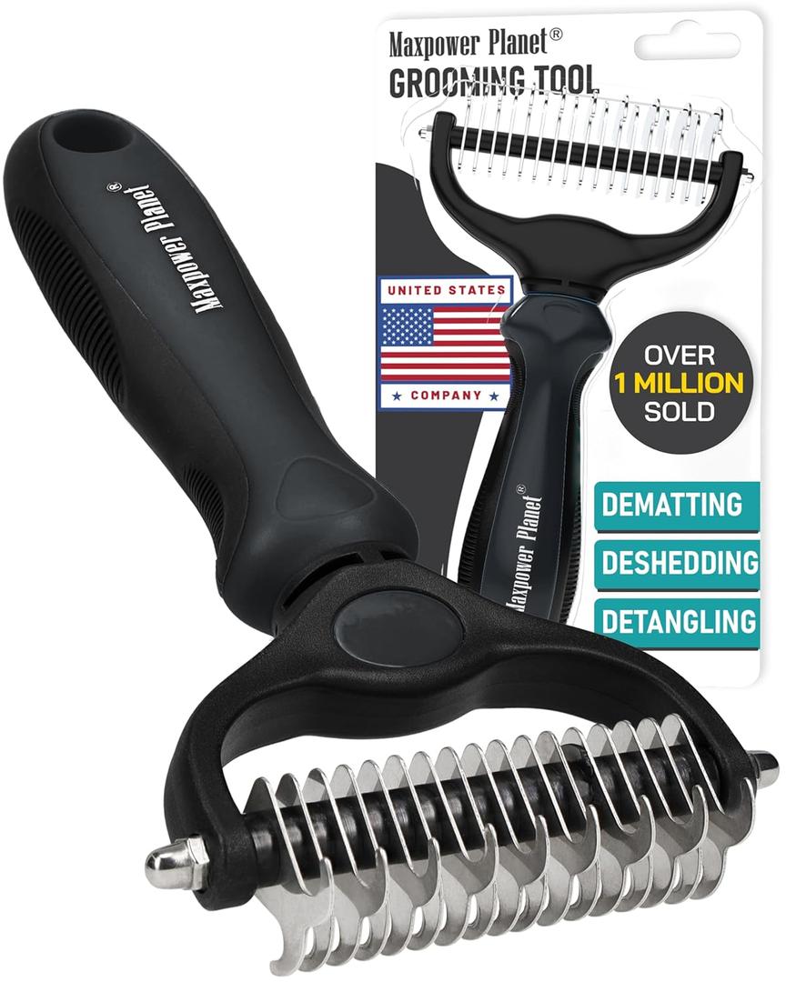 Maxpower Planet Hair Brush - Double Sided Shedding, Dematting Undercoat Rake for Dogs and Cats, Extra Wide Dog Grooming Brush, Reduce Shedding by 95%, Black (Large)