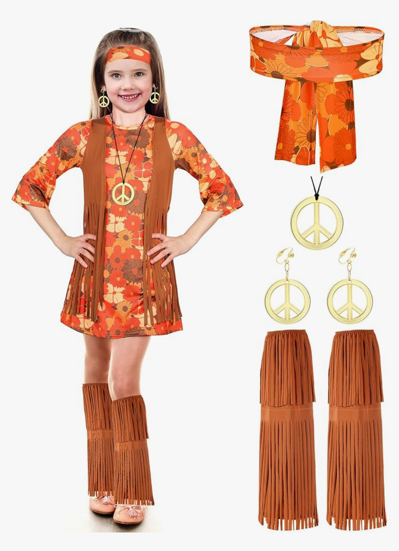 Haysandy Kids Hippie Costume Set 60s 70s Hippie Dress Peace Sign Party Accessories for Carnival Halloween Cosplay Party S