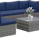 FansaFurn 7Piece Modular Patio Furniture Set, Wicker Outdoor Sectional Sofa with Cushions and Coffee Table, All Weather Patio Conversation Sets for Porch Balcony Backyard, Navy Blue