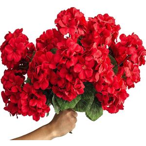 4 Bundles 15'' Artificial Geraniums Silk Flowers for Outdoors UV Resistant Home Decor Garden Look Real (4, Red)